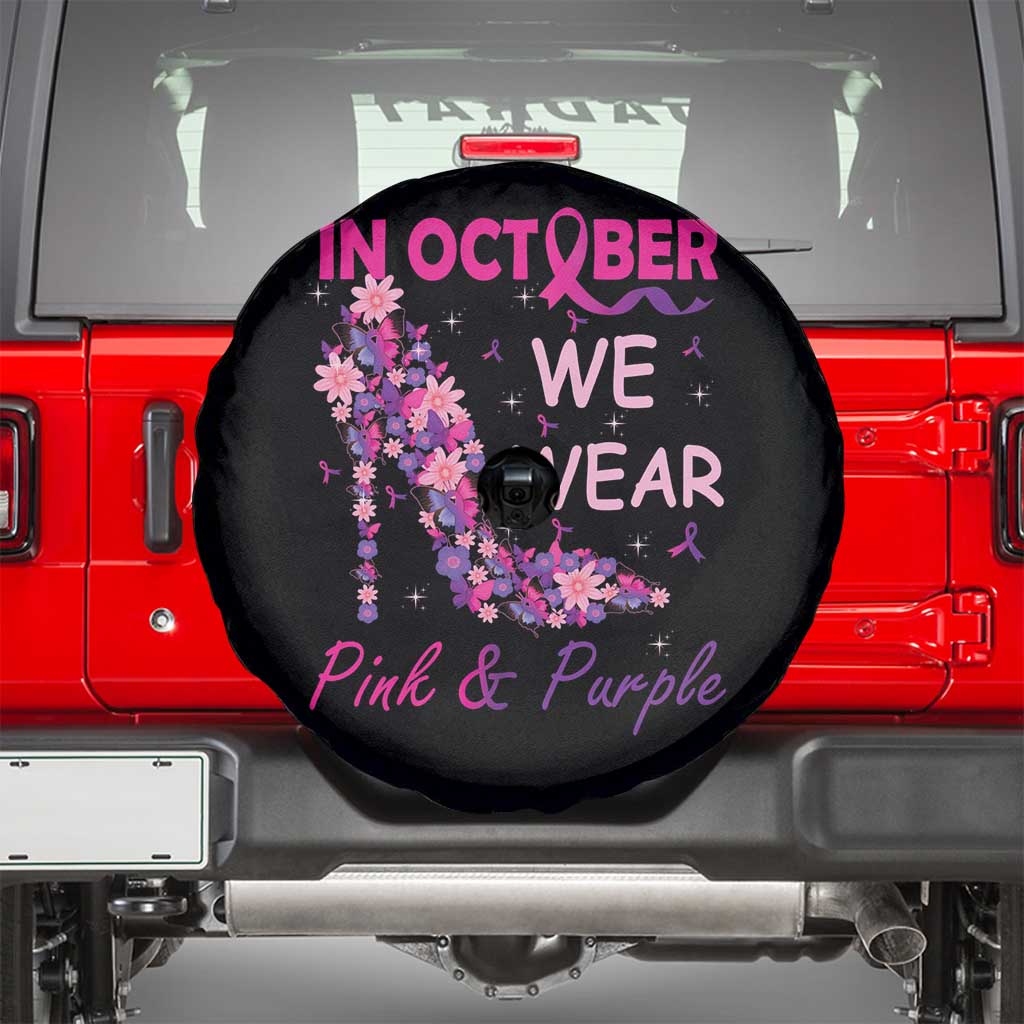 Breast Cancer And Domestic Violence Spare Tire Cover In October We Wear Pink and Purple Floral High Heel Support Women
