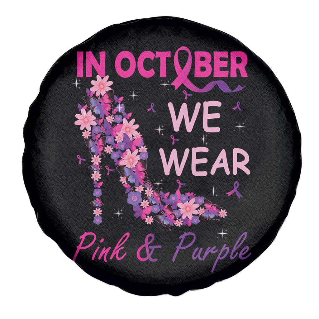 Breast Cancer And Domestic Violence Spare Tire Cover In October We Wear Pink and Purple Floral High Heel Support Women