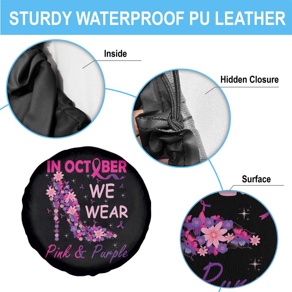 Breast Cancer And Domestic Violence Spare Tire Cover In October We Wear Pink and Purple Floral High Heel Support Women