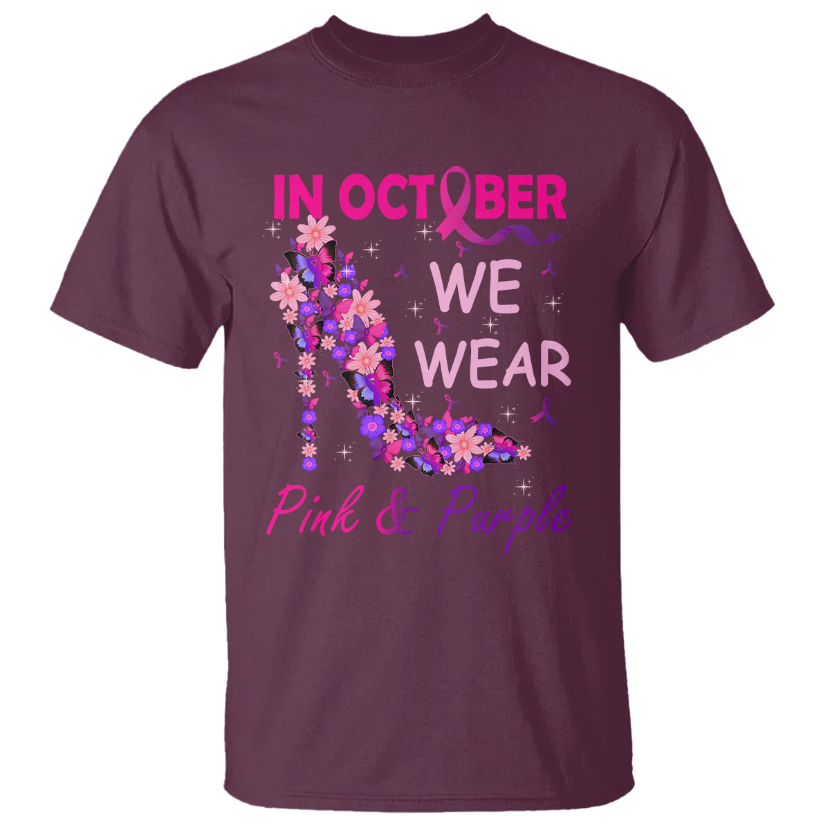 Breast Cancer And Domestic Violence T Shirt In October We Wear Pink and Purple Floral High Heel Support Women - Wonder Print Shop