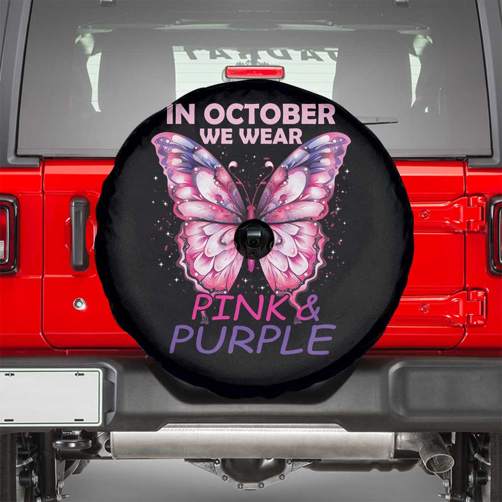 Breast Cancer And Domestic Violence Spare Tire Cover In October We Wear Pink and Purple Butterfly Support Squad