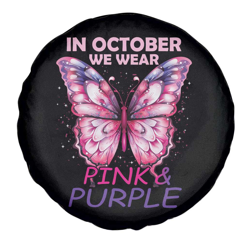 Breast Cancer And Domestic Violence Spare Tire Cover In October We Wear Pink and Purple Butterfly Support Squad