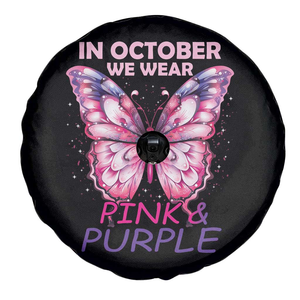 Breast Cancer And Domestic Violence Spare Tire Cover In October We Wear Pink and Purple Butterfly Support Squad