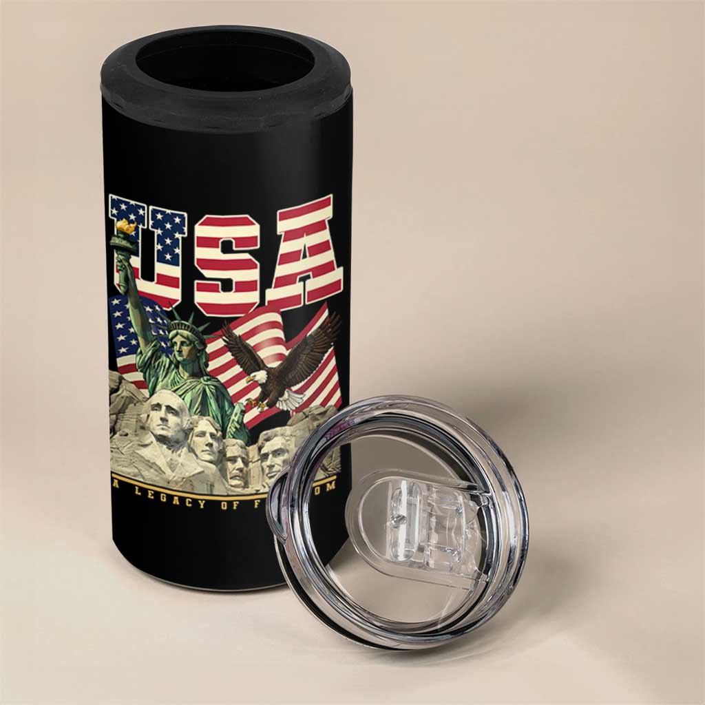 USA Legacy of Freedom 4 in 1 Can Cooler Tumbler Patriotic Statue of Liberty Bald Eagle Mount Rushmore Graphic - Wonder Print Shop