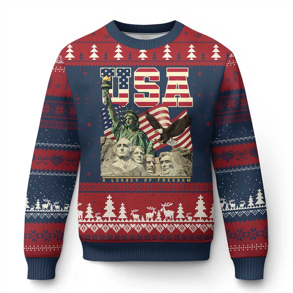 USA Legacy of Freedom Ugly Christmas Sweater Patriotic Statue of Liberty Bald Eagle Mount Rushmore Graphic - Wonder Print Shop