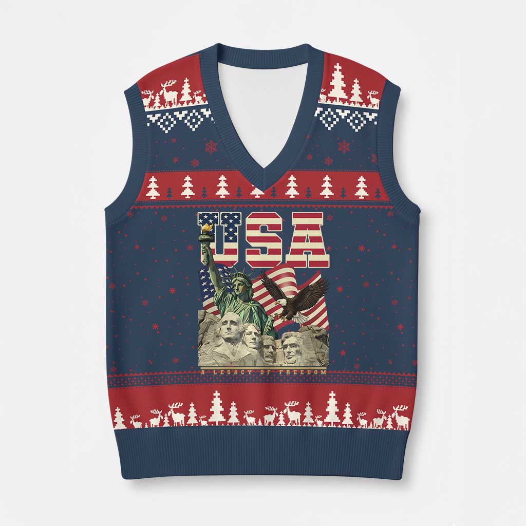 USA Legacy of Freedom V-Neck Knit Sweater Vest Patriotic Statue of Liberty Bald Eagle Mount Rushmore Graphic - Wonder Print Shop