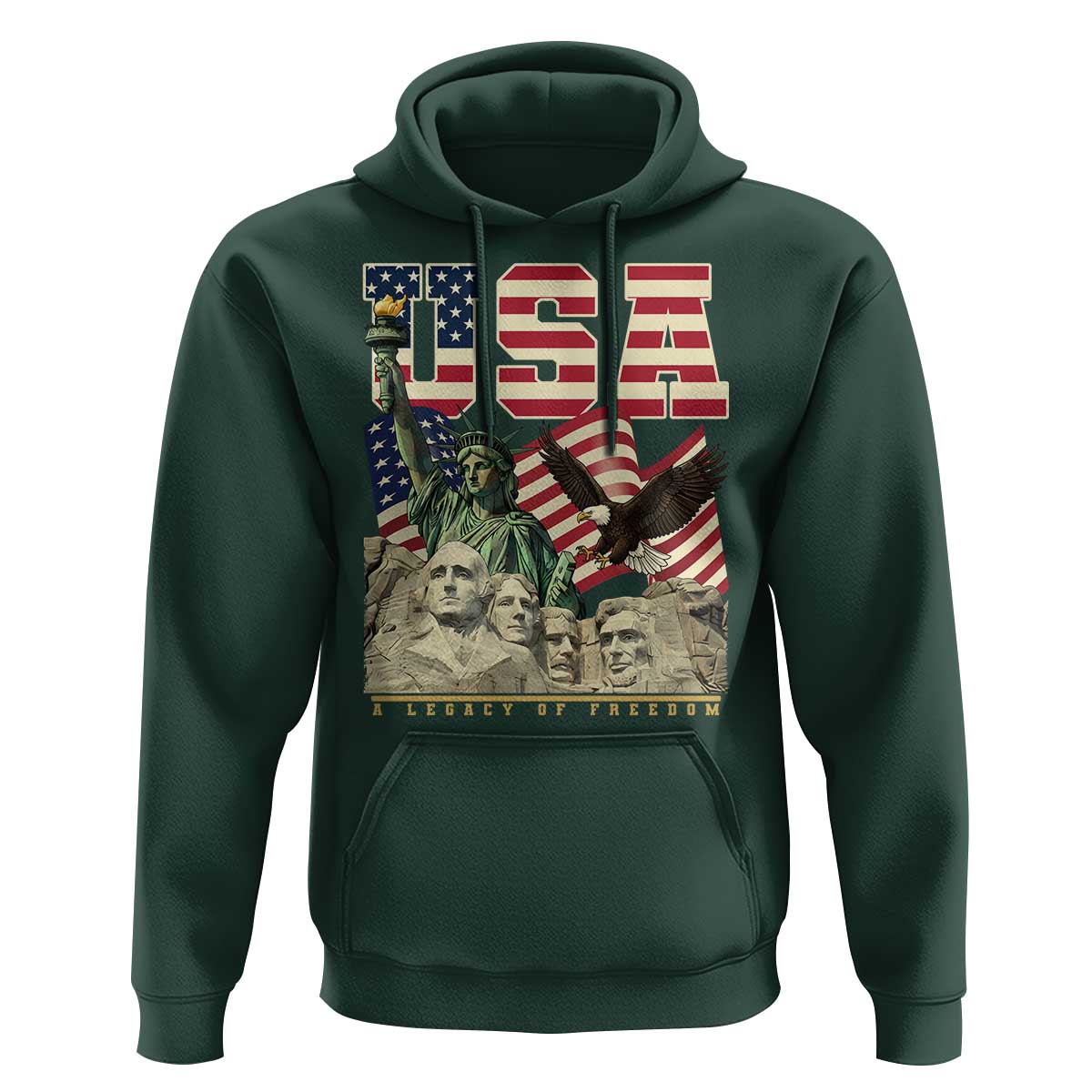 USA Legacy of Freedom Hoodie Patriotic Statue of Liberty Bald Eagle Mount Rushmore Graphic - Wonder Print Shop