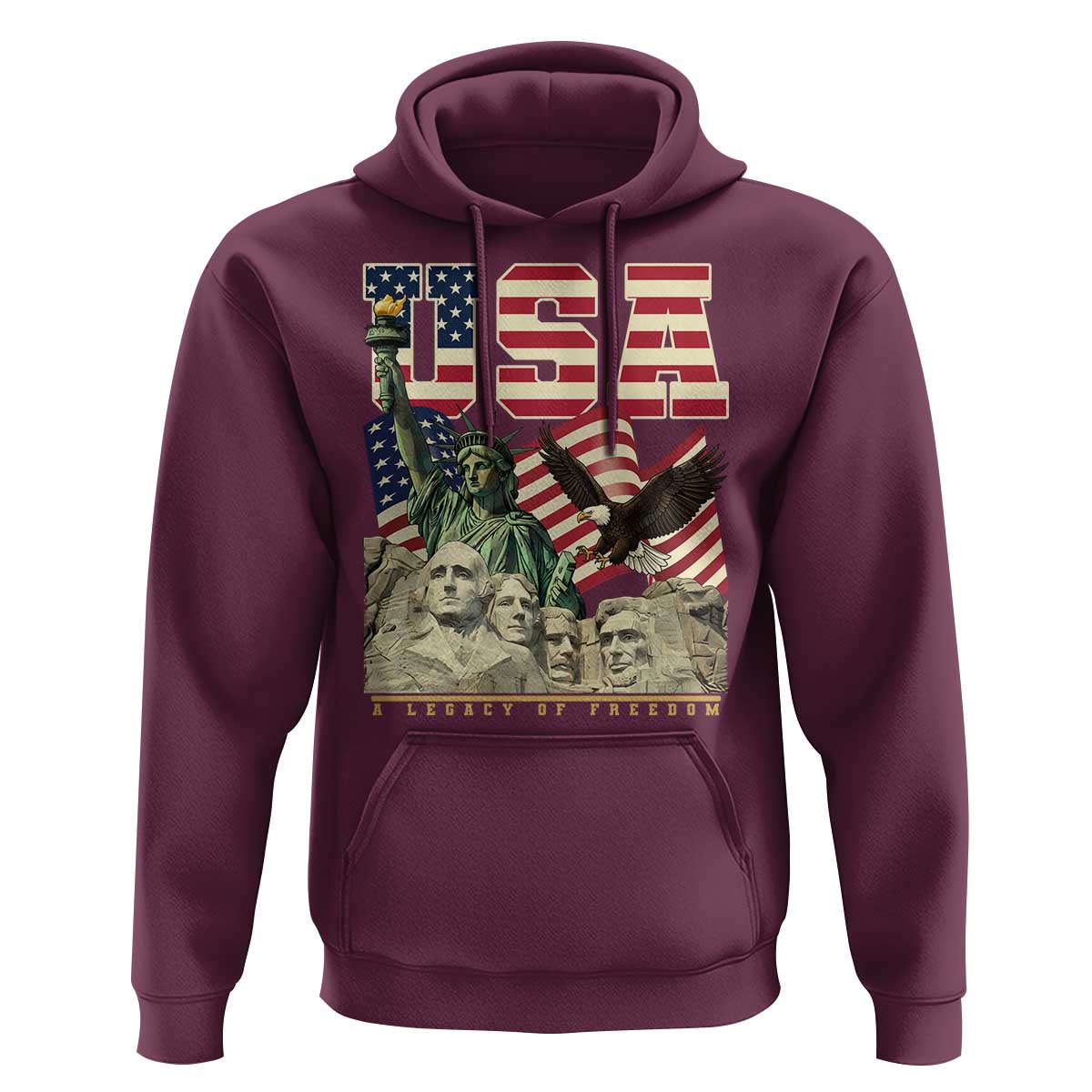USA Legacy of Freedom Hoodie Patriotic Statue of Liberty Bald Eagle Mount Rushmore Graphic - Wonder Print Shop