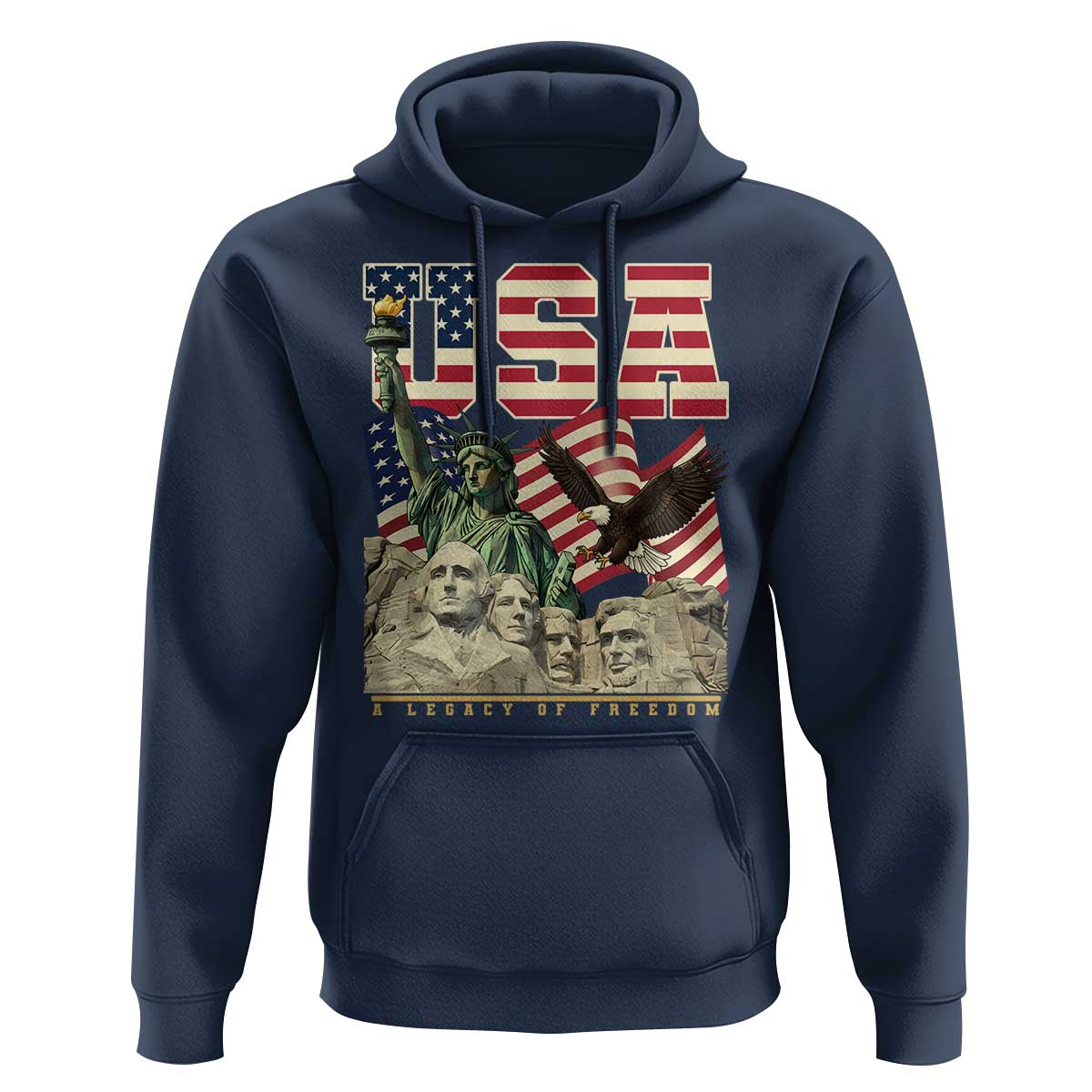 USA Legacy of Freedom Hoodie Patriotic Statue of Liberty Bald Eagle Mount Rushmore Graphic - Wonder Print Shop