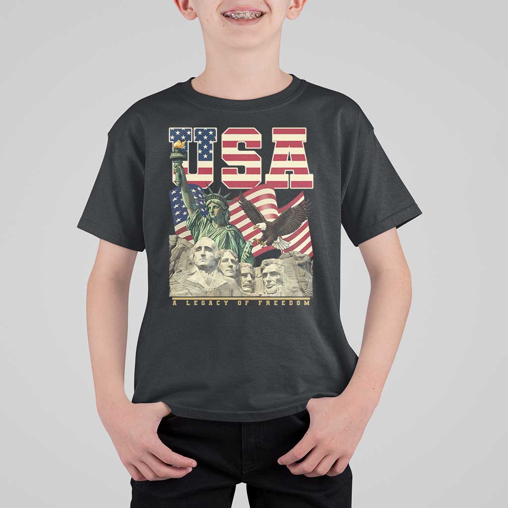 USA Legacy of Freedom T Shirt For Kid Patriotic Statue of Liberty Bald Eagle Mount Rushmore Graphic - Wonder Print Shop