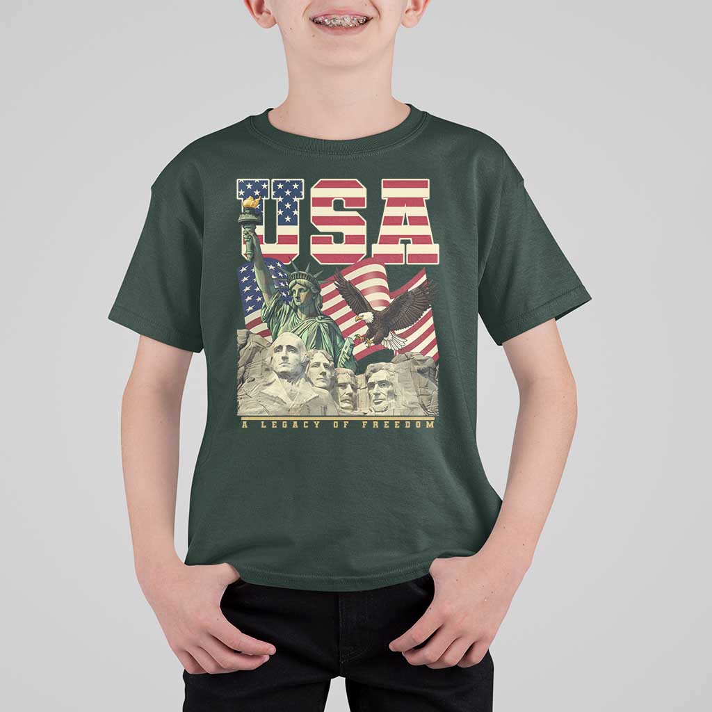 USA Legacy of Freedom T Shirt For Kid Patriotic Statue of Liberty Bald Eagle Mount Rushmore Graphic - Wonder Print Shop