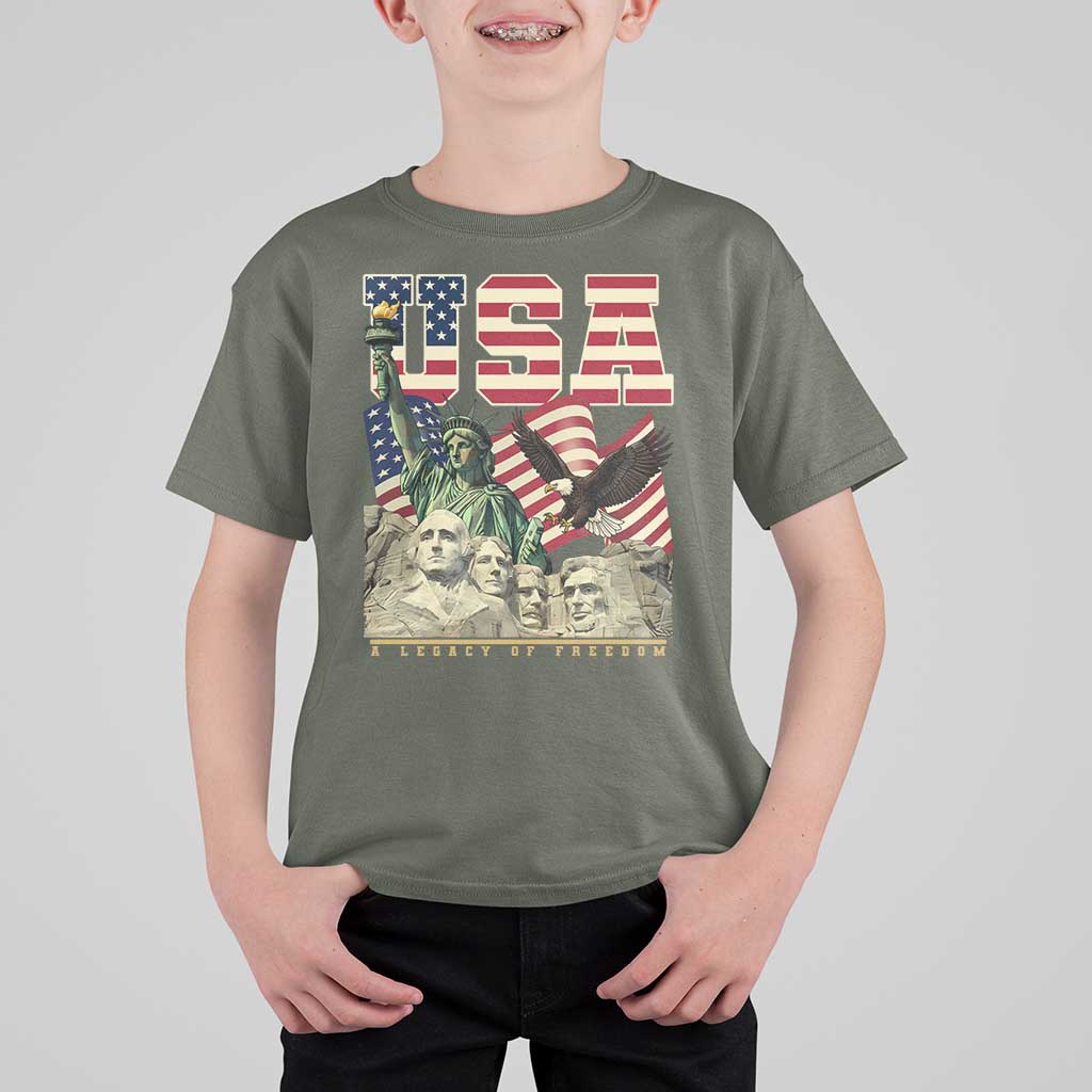 USA Legacy of Freedom T Shirt For Kid Patriotic Statue of Liberty Bald Eagle Mount Rushmore Graphic - Wonder Print Shop
