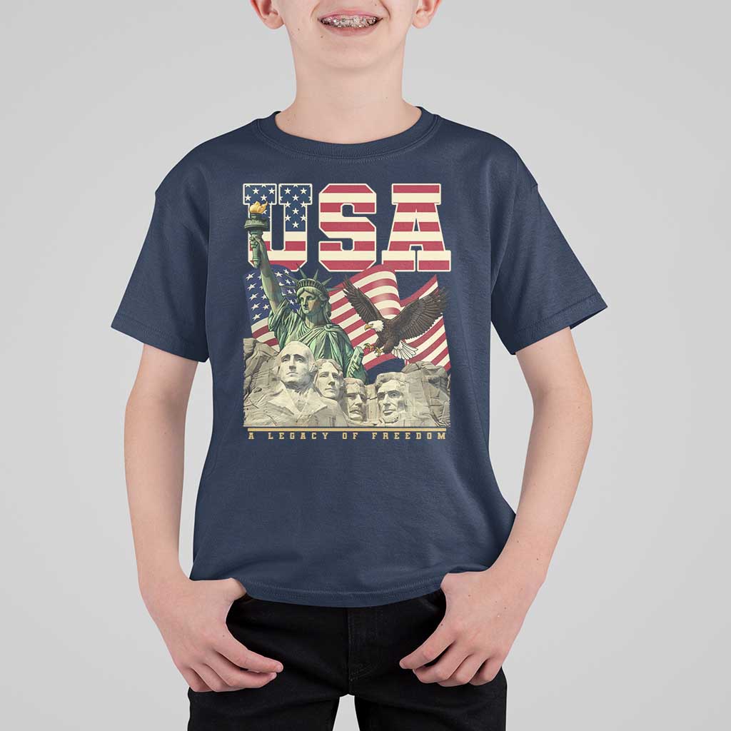 USA Legacy of Freedom T Shirt For Kid Patriotic Statue of Liberty Bald Eagle Mount Rushmore Graphic - Wonder Print Shop