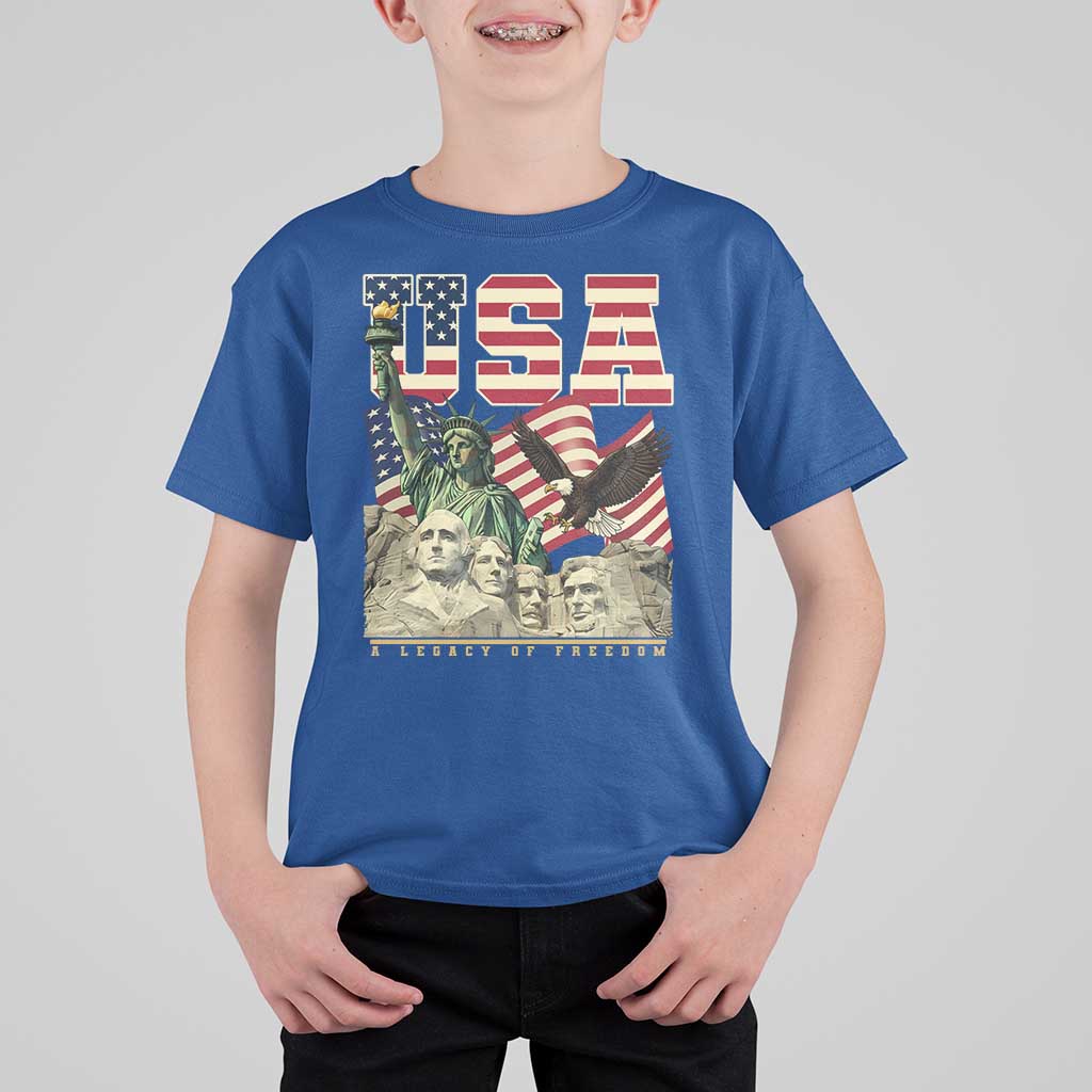 USA Legacy of Freedom T Shirt For Kid Patriotic Statue of Liberty Bald Eagle Mount Rushmore Graphic - Wonder Print Shop