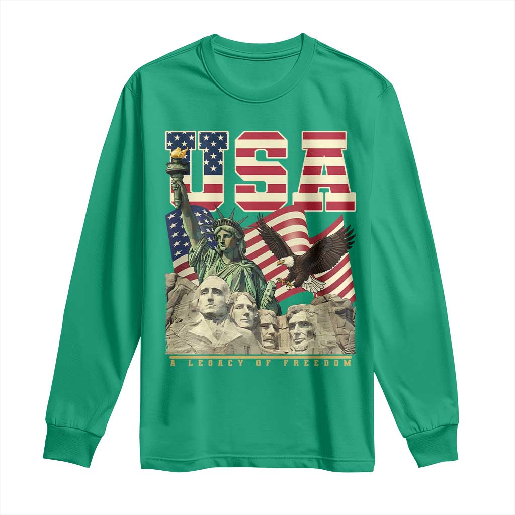 USA Legacy of Freedom Long Sleeve Shirt Patriotic Statue of Liberty Bald Eagle Mount Rushmore Graphic - Wonder Print Shop