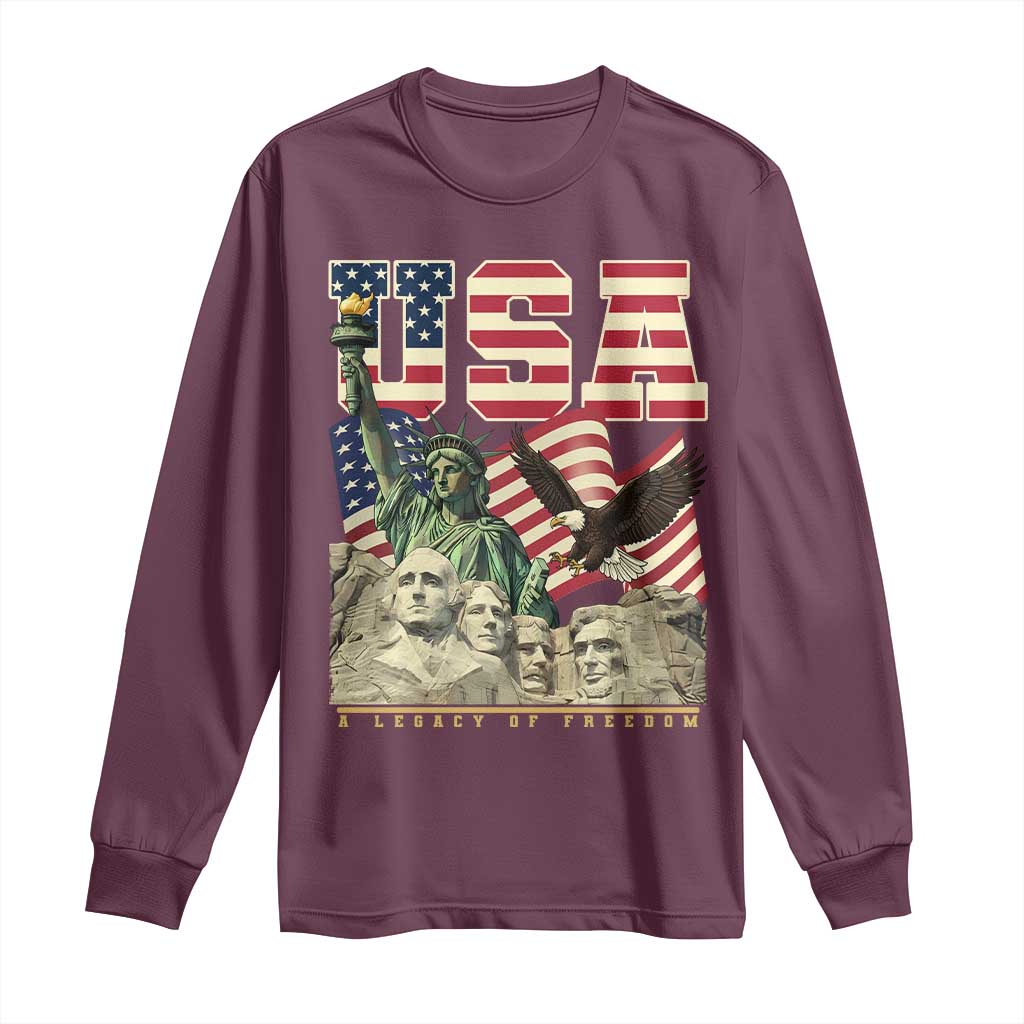 USA Legacy of Freedom Long Sleeve Shirt Patriotic Statue of Liberty Bald Eagle Mount Rushmore Graphic - Wonder Print Shop