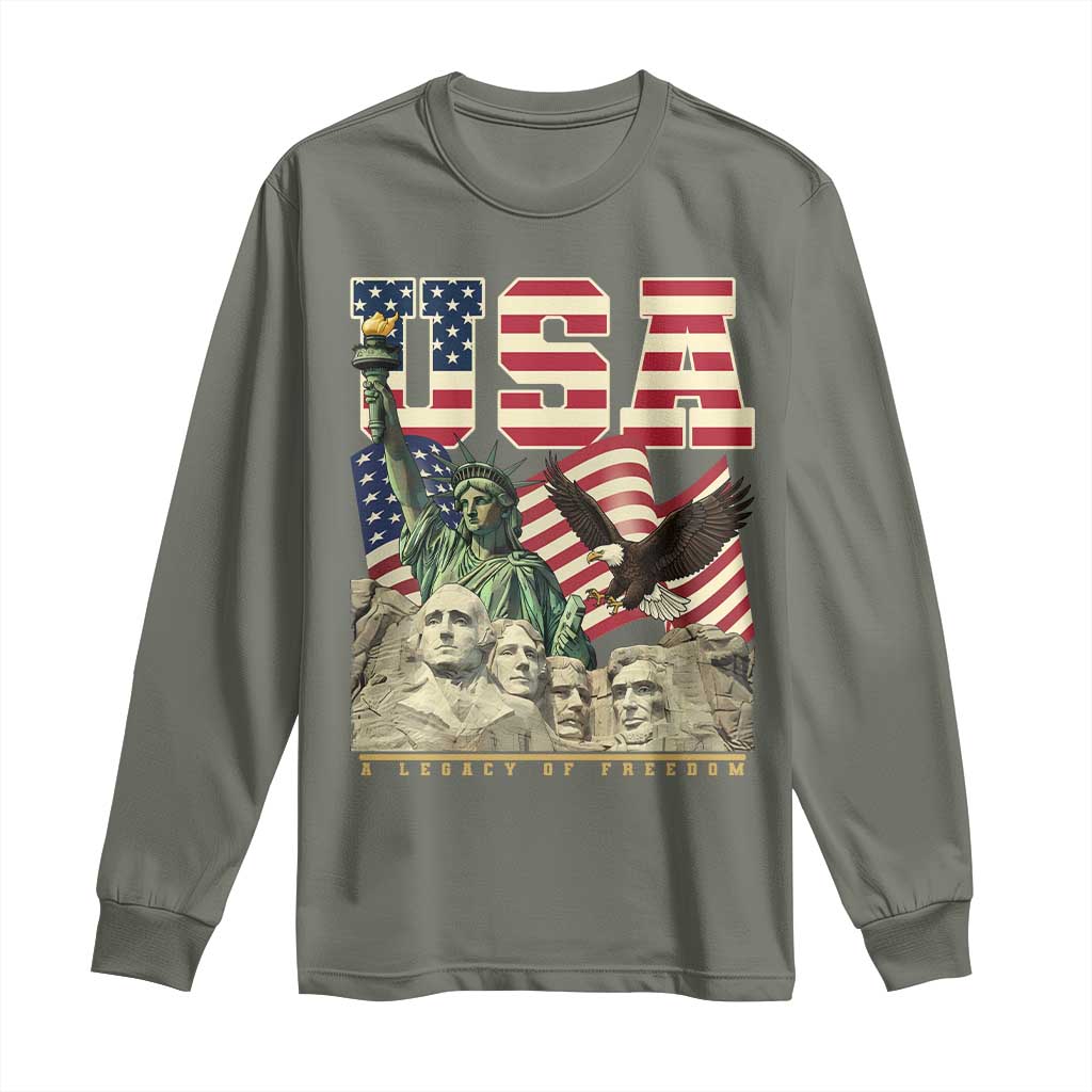 USA Legacy of Freedom Long Sleeve Shirt Patriotic Statue of Liberty Bald Eagle Mount Rushmore Graphic - Wonder Print Shop