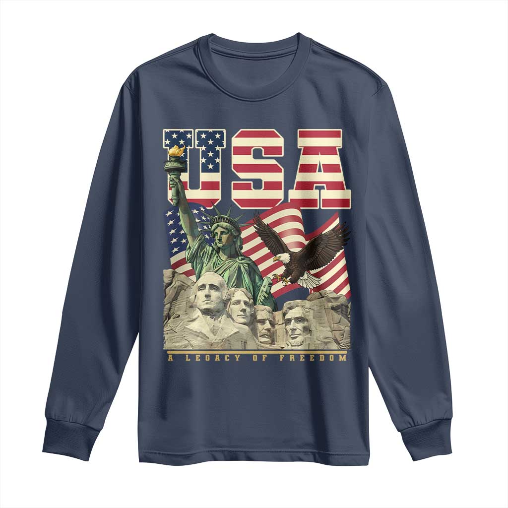 USA Legacy of Freedom Long Sleeve Shirt Patriotic Statue of Liberty Bald Eagle Mount Rushmore Graphic - Wonder Print Shop
