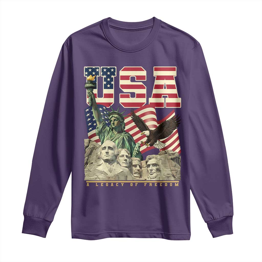 USA Legacy of Freedom Long Sleeve Shirt Patriotic Statue of Liberty Bald Eagle Mount Rushmore Graphic - Wonder Print Shop