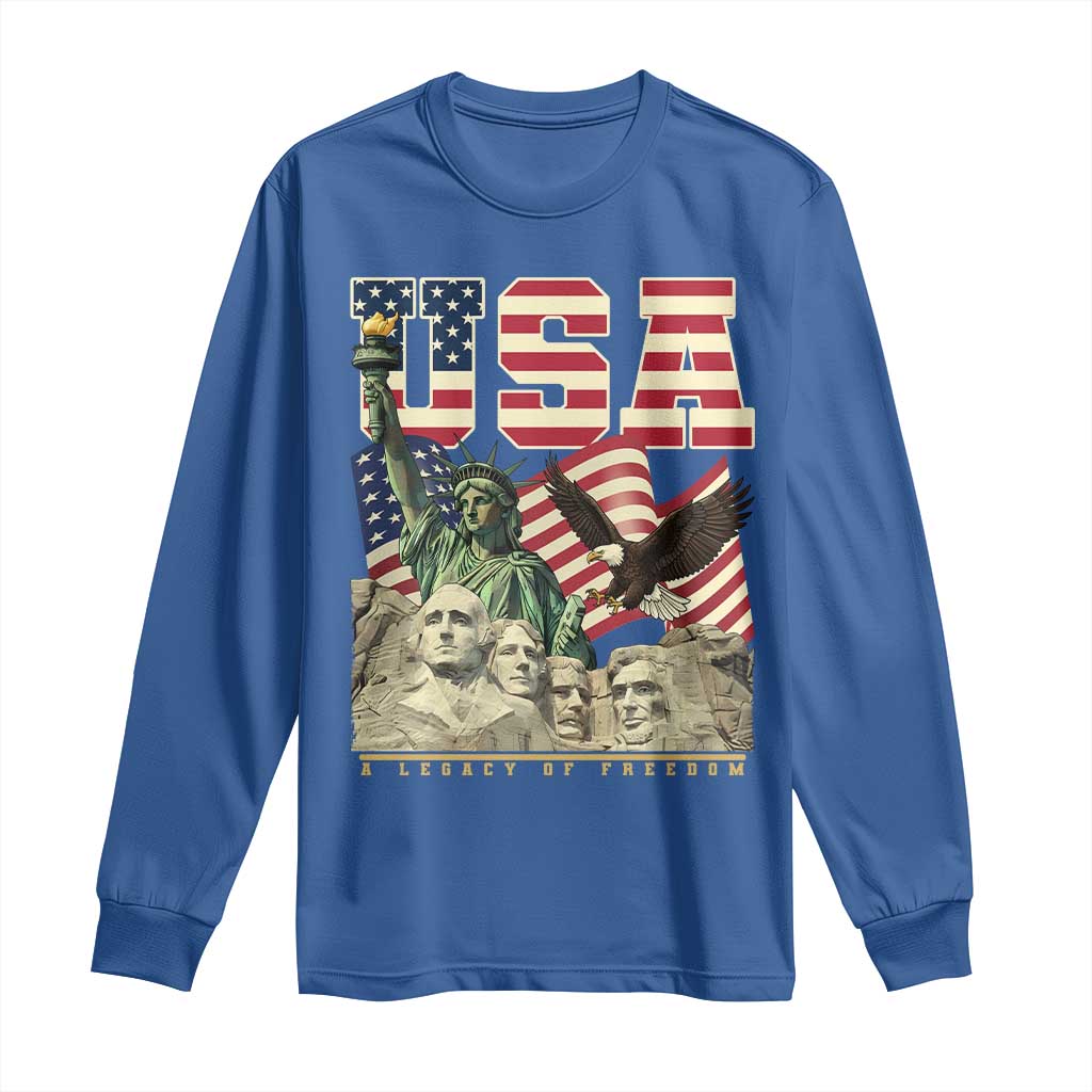 USA Legacy of Freedom Long Sleeve Shirt Patriotic Statue of Liberty Bald Eagle Mount Rushmore Graphic - Wonder Print Shop