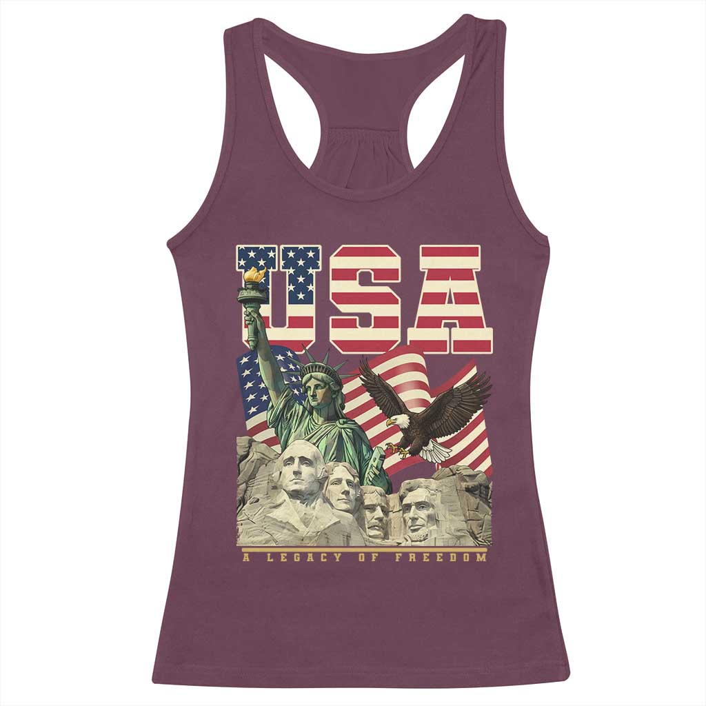 USA Legacy of Freedom Racerback Tank Top Patriotic Statue of Liberty Bald Eagle Mount Rushmore Graphic - Wonder Print Shop