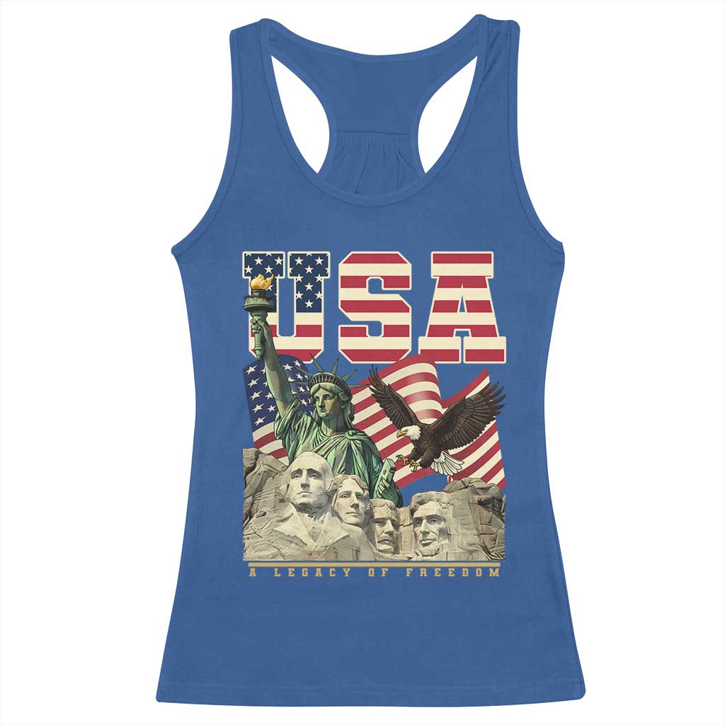 USA Legacy of Freedom Racerback Tank Top Patriotic Statue of Liberty Bald Eagle Mount Rushmore Graphic - Wonder Print Shop