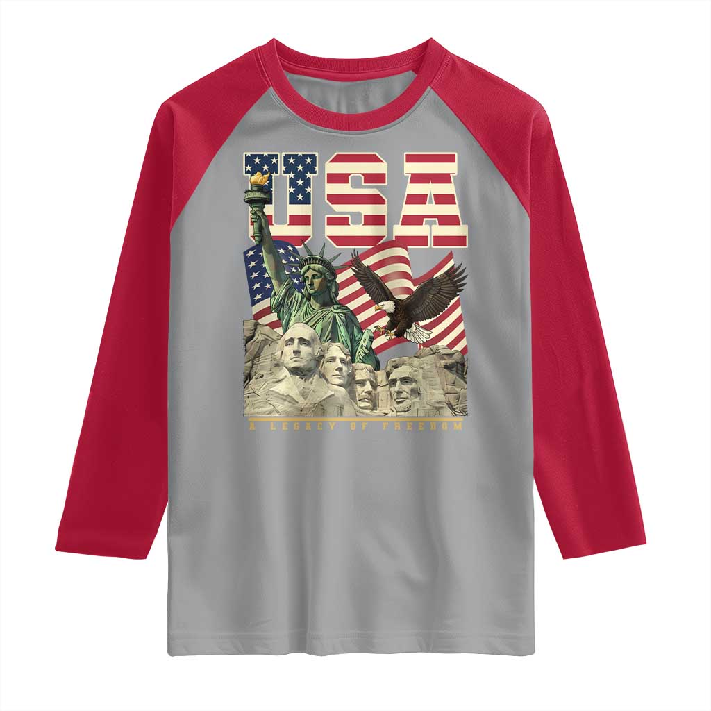 USA Legacy of Freedom Raglan Shirt Patriotic Statue of Liberty Bald Eagle Mount Rushmore Graphic - Wonder Print Shop
