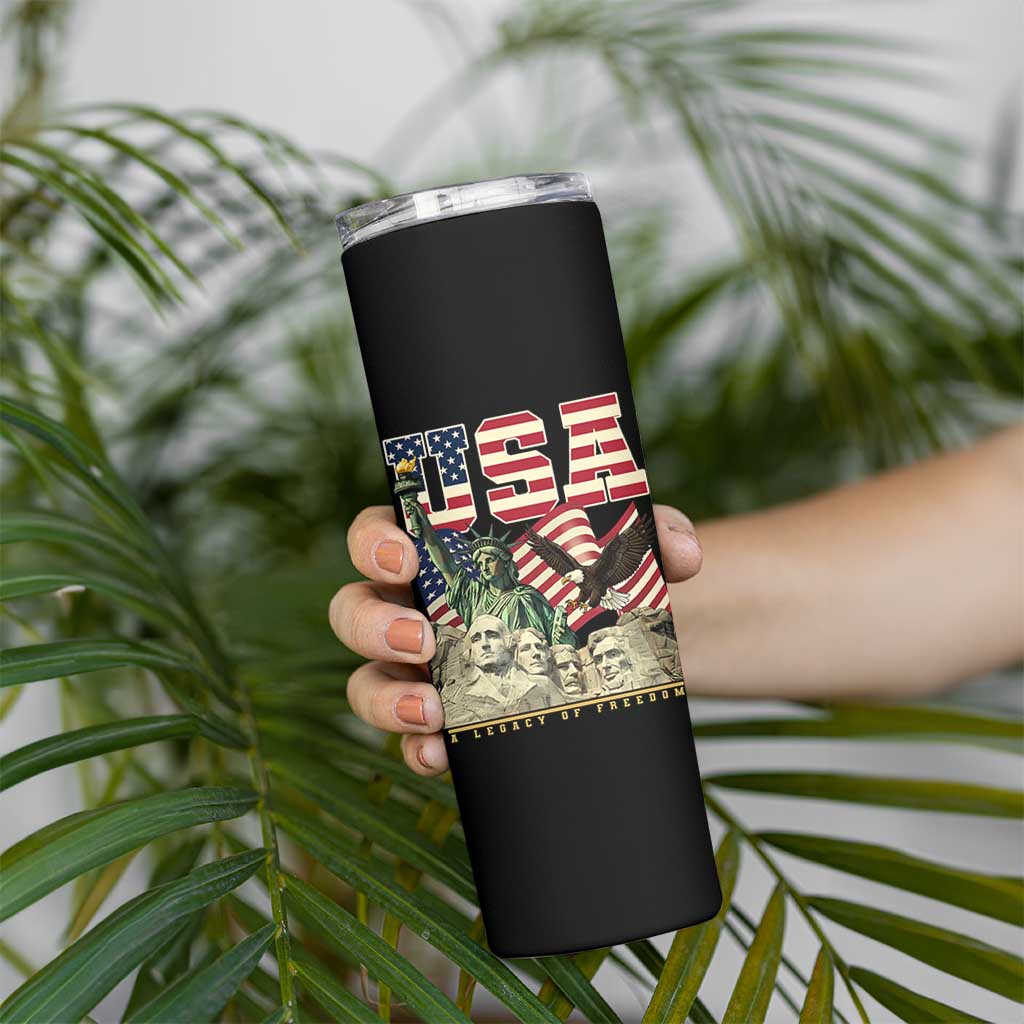 USA Legacy of Freedom Skinny Tumbler Patriotic Statue of Liberty Bald Eagle Mount Rushmore Graphic - Wonder Print Shop