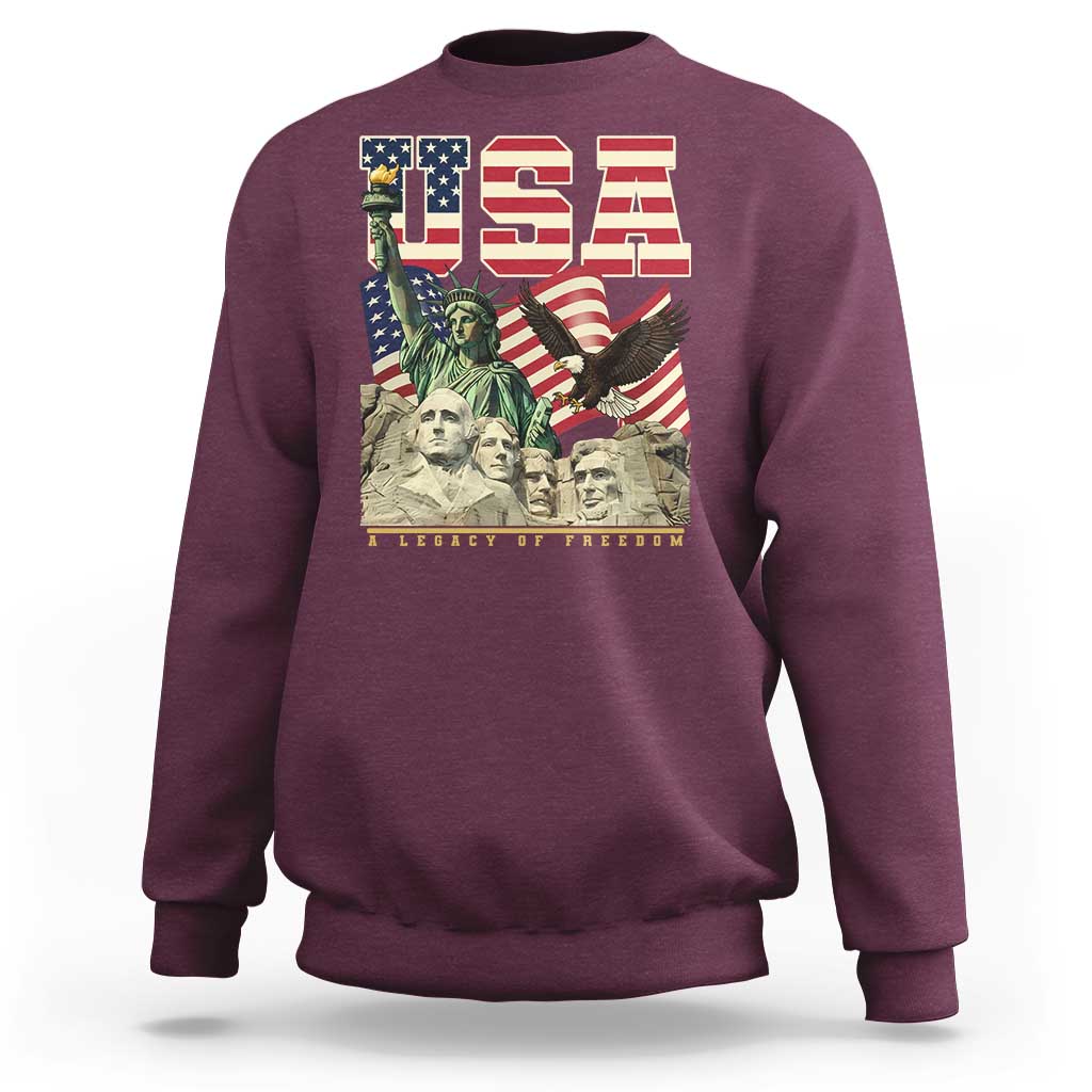 USA Legacy of Freedom Sweatshirt Patriotic Statue of Liberty Bald Eagle Mount Rushmore Graphic - Wonder Print Shop