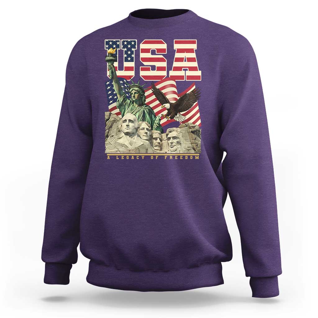 USA Legacy of Freedom Sweatshirt Patriotic Statue of Liberty Bald Eagle Mount Rushmore Graphic - Wonder Print Shop
