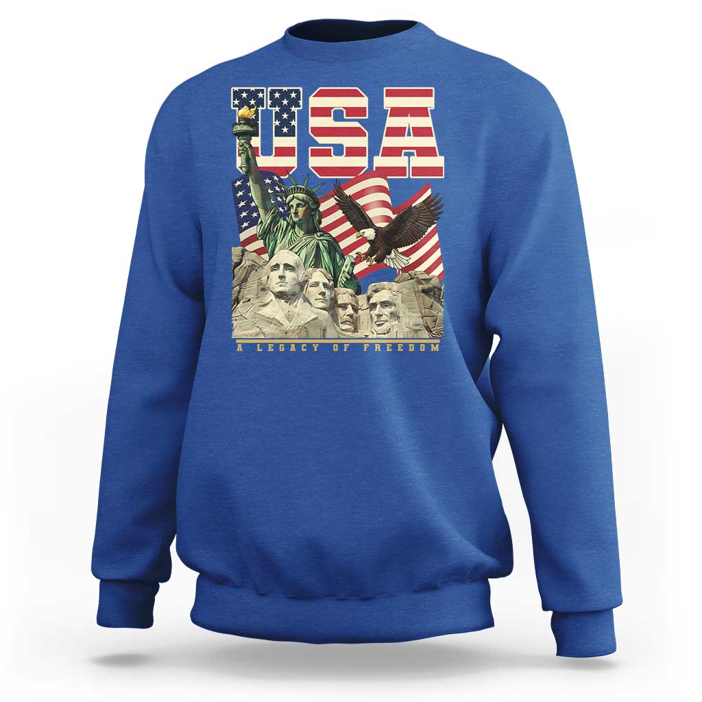 USA Legacy of Freedom Sweatshirt Patriotic Statue of Liberty Bald Eagle Mount Rushmore Graphic - Wonder Print Shop
