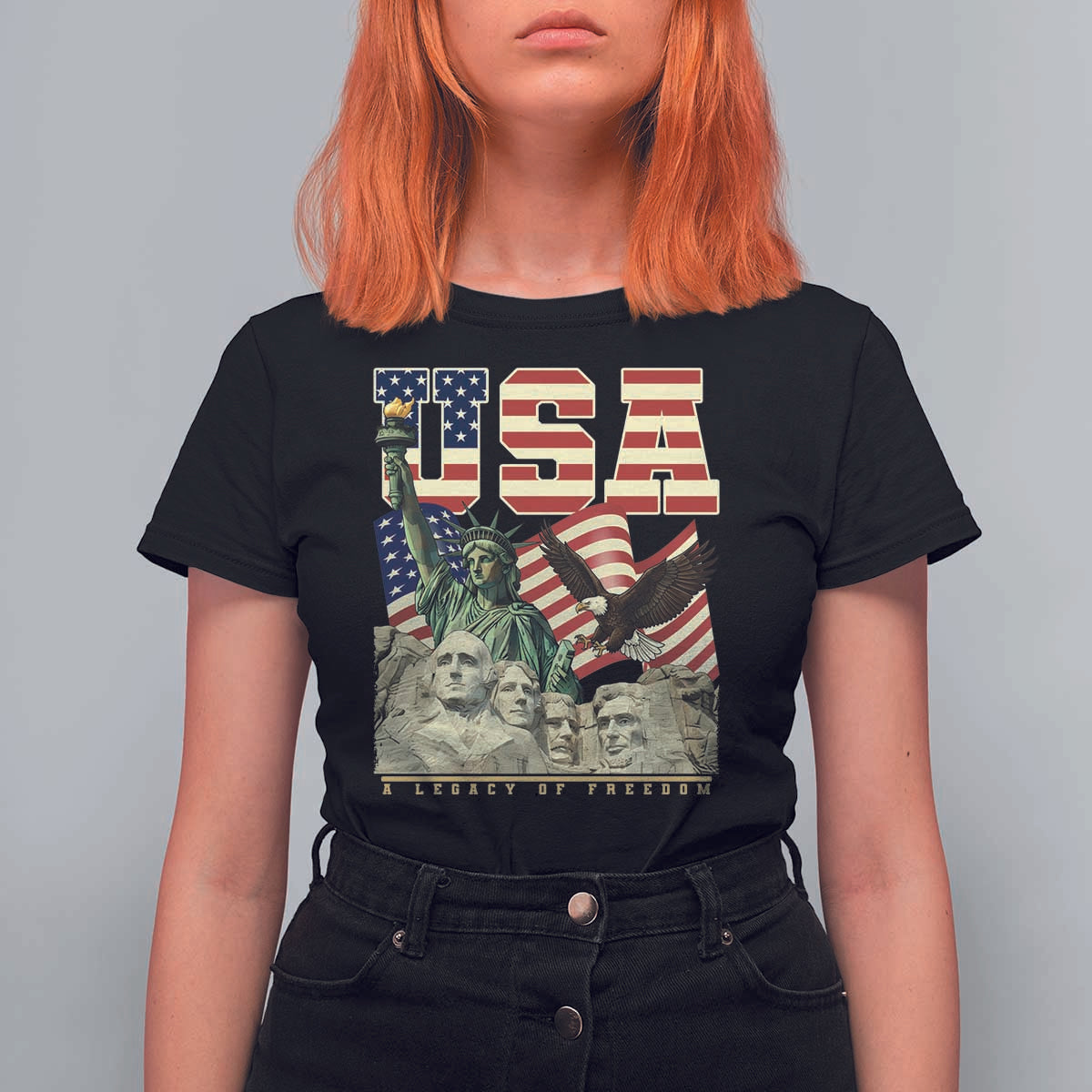 USA Legacy of Freedom T Shirt For Women Patriotic Statue of Liberty Bald Eagle Mount Rushmore Graphic - Wonder Print Shop