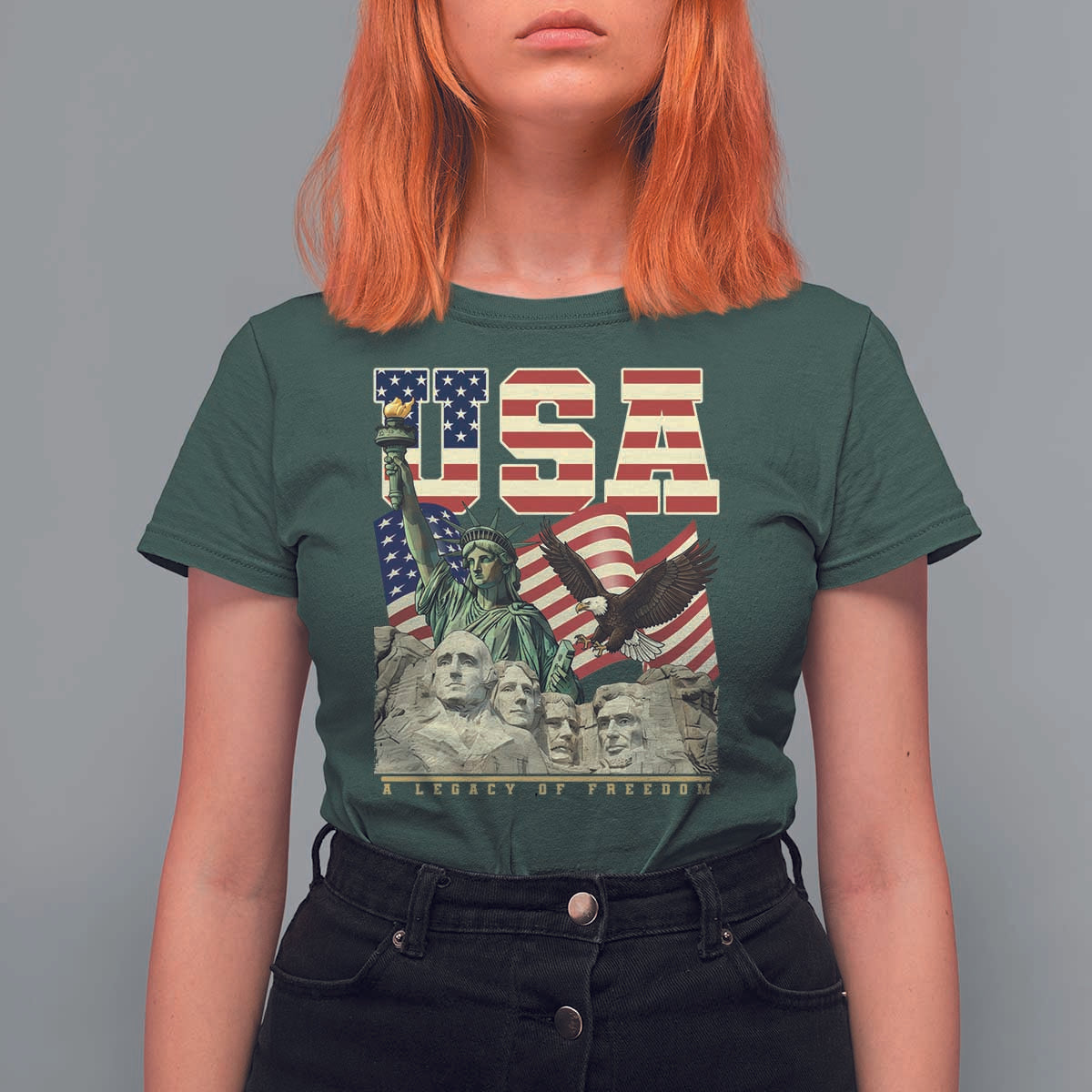 USA Legacy of Freedom T Shirt For Women Patriotic Statue of Liberty Bald Eagle Mount Rushmore Graphic - Wonder Print Shop