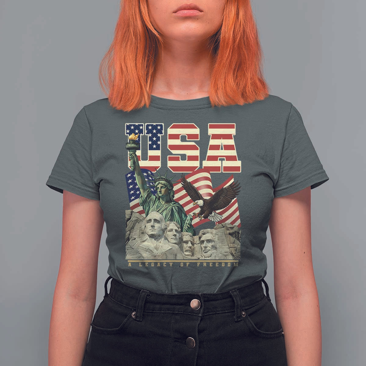 USA Legacy of Freedom T Shirt For Women Patriotic Statue of Liberty Bald Eagle Mount Rushmore Graphic - Wonder Print Shop