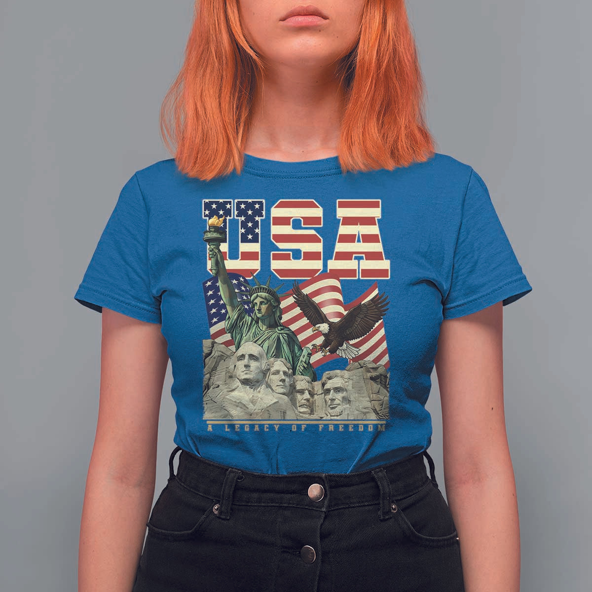 USA Legacy of Freedom T Shirt For Women Patriotic Statue of Liberty Bald Eagle Mount Rushmore Graphic - Wonder Print Shop