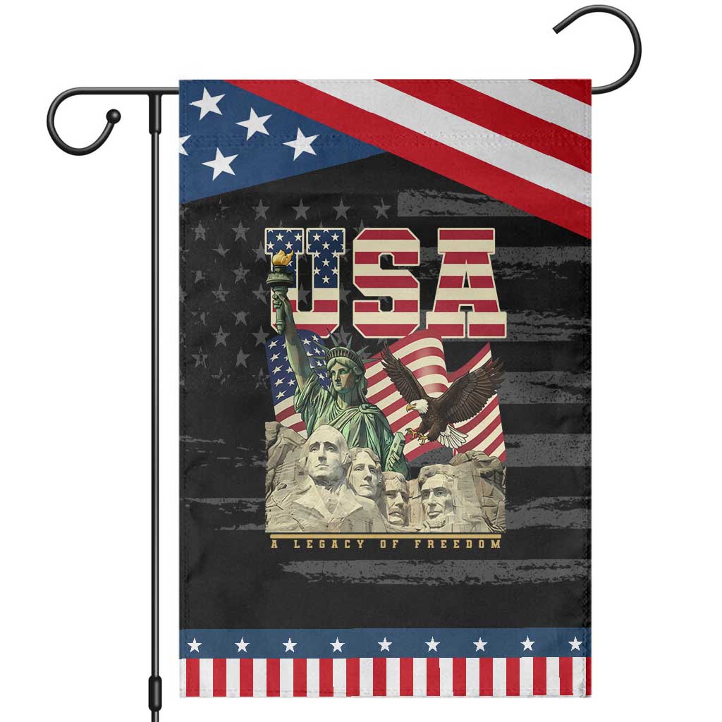 USA Legacy of Freedom Garden Flag Patriotic Statue of Liberty Bald Eagle Mount Rushmore Graphic