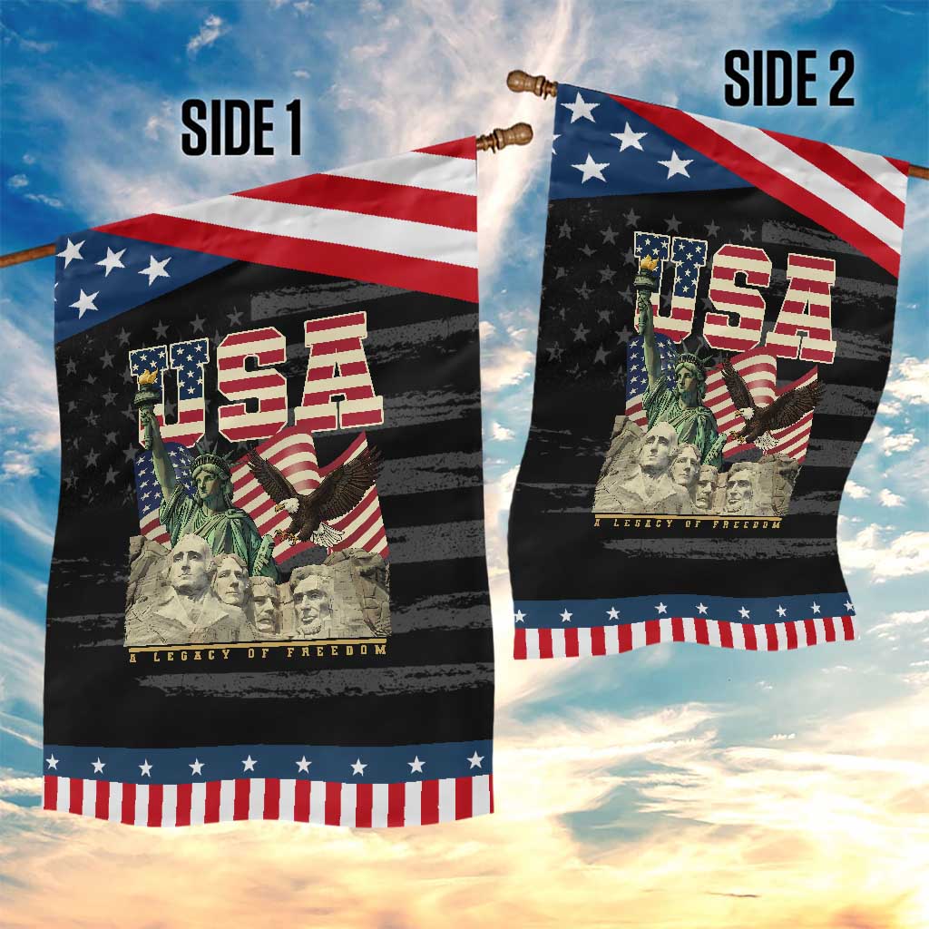 USA Legacy of Freedom Garden Flag Patriotic Statue of Liberty Bald Eagle Mount Rushmore Graphic