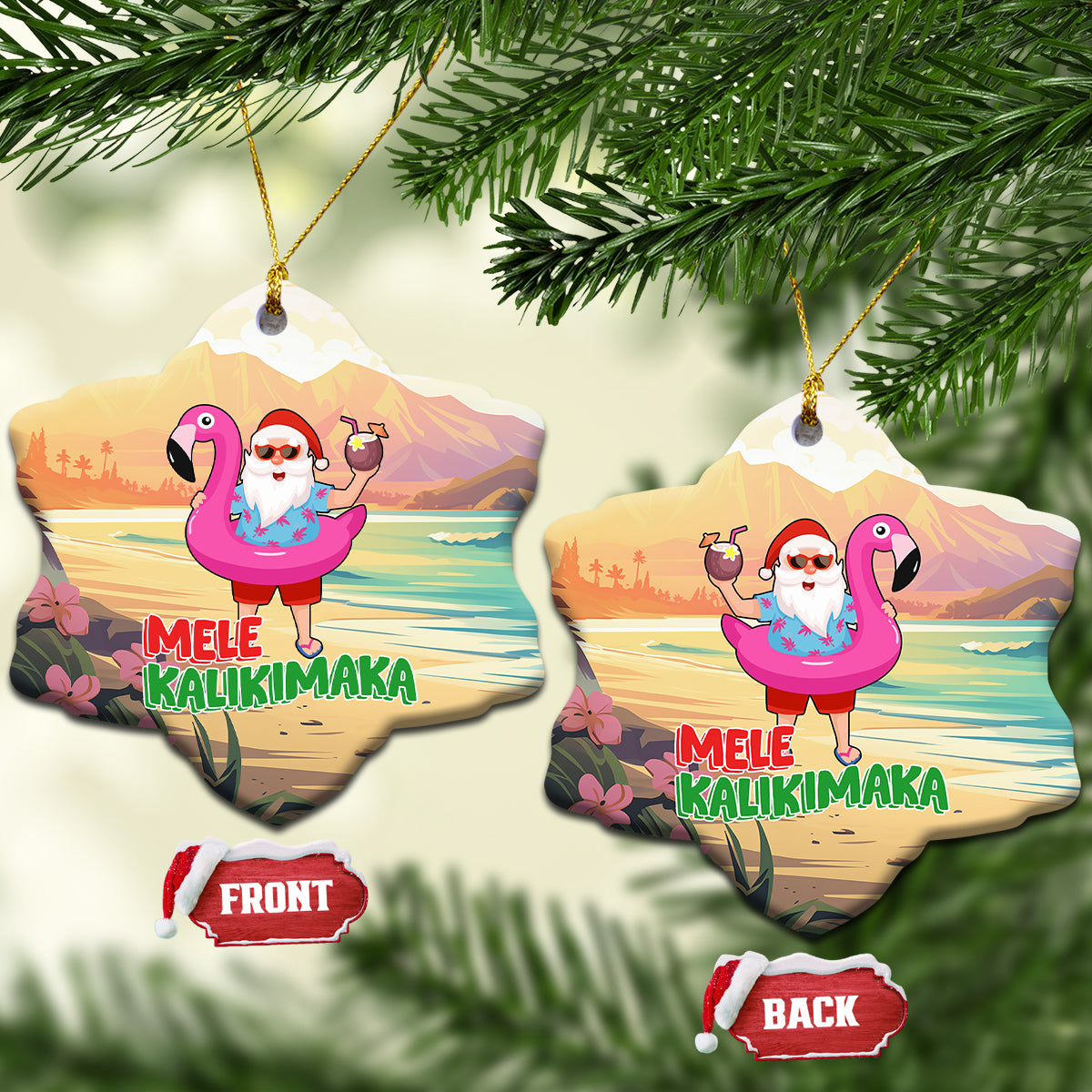 Hawaiian Christmas Ceramic Ornament Mele Kalikimaka Tropical Xmas in Hawaii Beach Santa - Wonder Print Shop