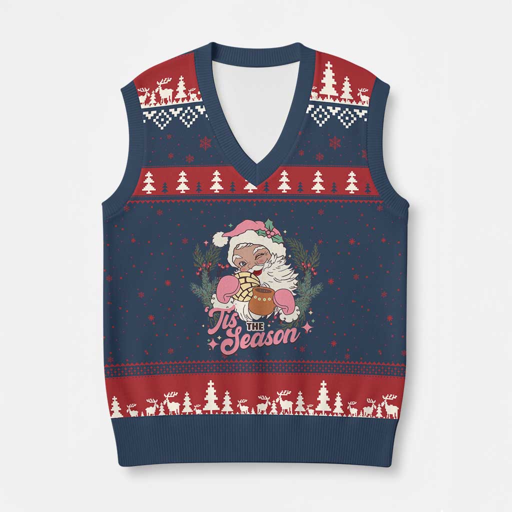 Retro Pink Santa V-Neck Knit Sweater Vest Tis The Season Feliz Navidad Latin America Mexican Xmas - Wonder Print Shop