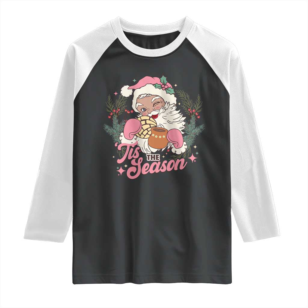 Retro Pink Santa Raglan Shirt Tis The Season Feliz Navidad Latin America Mexican Christmas