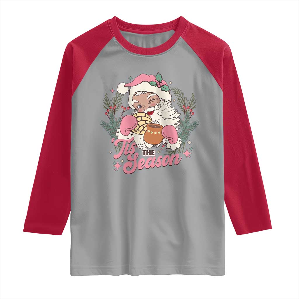 Retro Pink Santa Raglan Shirt Tis The Season Feliz Navidad Latin America Mexican Christmas