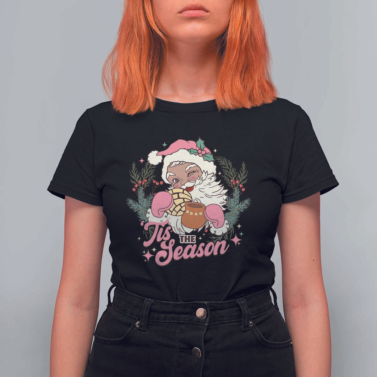 Retro Pink Santa T Shirt For Women Tis The Season Feliz Navidad Latin America Mexican Christmas - Wonder Print Shop