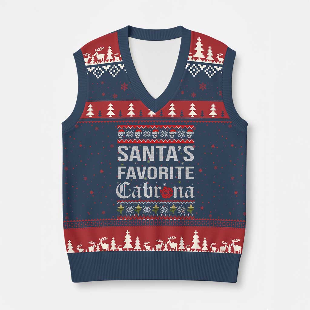 Funny Mexican Ugly Xmas V-Neck Knit Sweater Vest Santa's Favorite Cabrona Xmas Party Gift - Wonder Print Shop