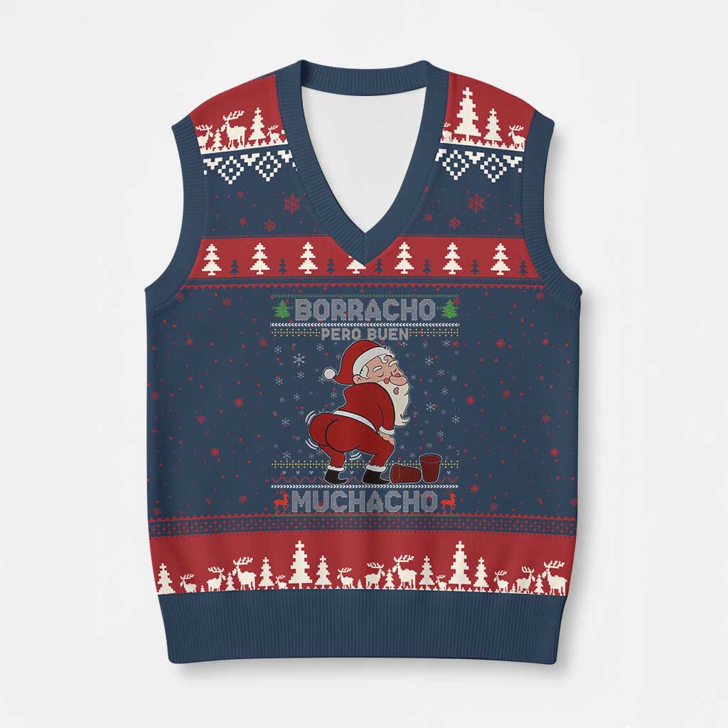 Funny Drunk Mexican Santa V-Neck Knit Sweater Vest Borracho Pero Buen Muchacho Good Guy in Spanish - Wonder Print Shop
