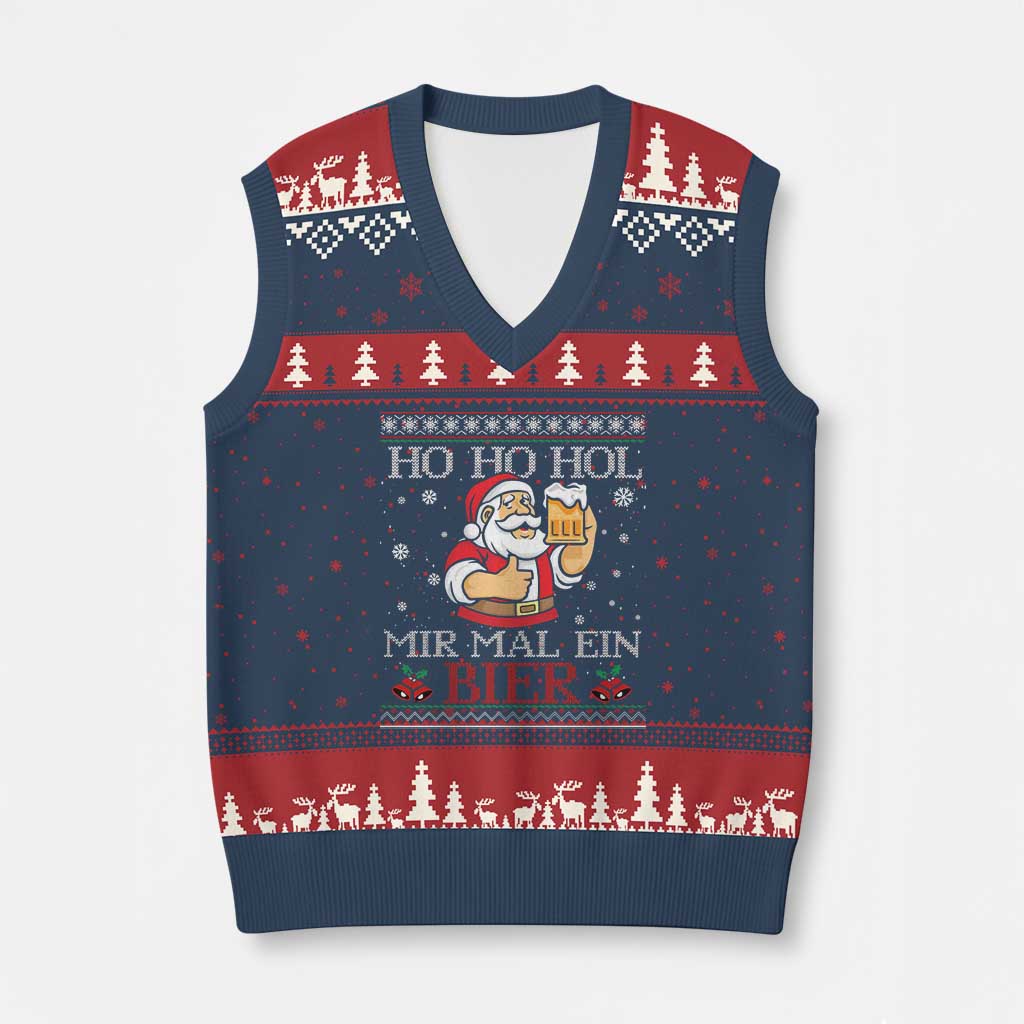 Funny Mexican Santa Drinking V-Neck Knit Sweater Vest Ho Ho Hol Mir Mal Ein Bier Hold Me A Beer Xmas Party - Wonder Print Shop