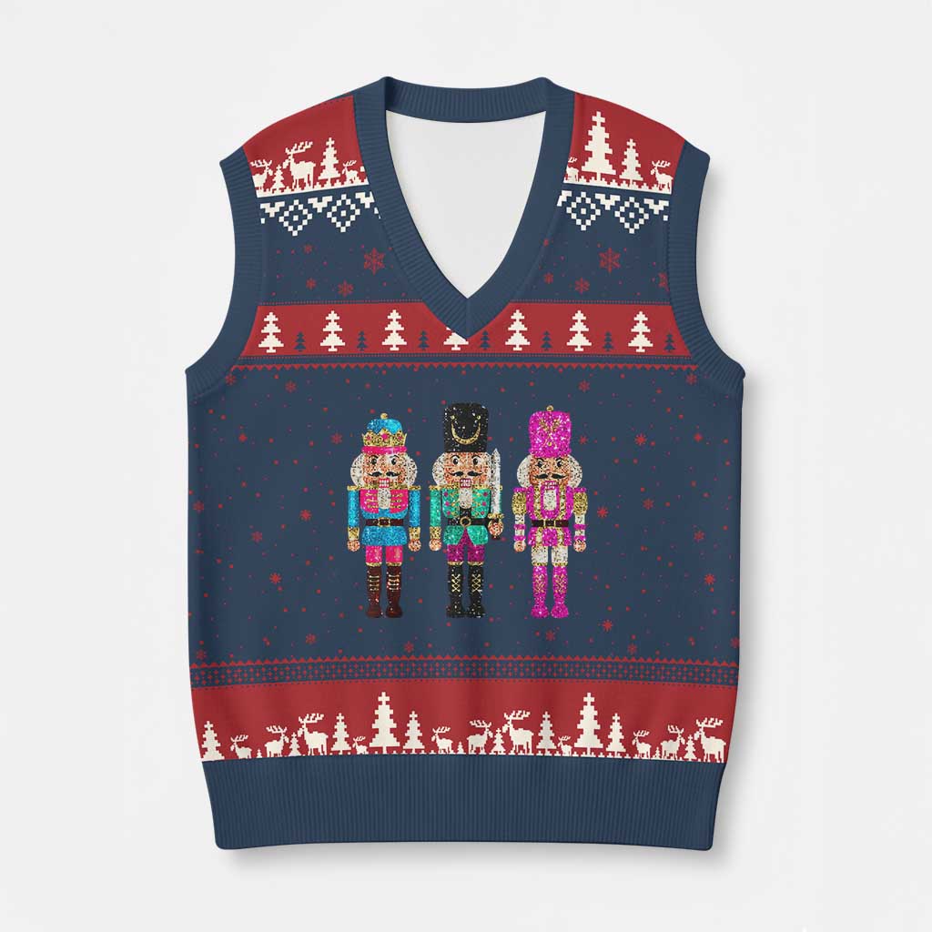 Xmas Nutcracker V-Neck Knit Sweater Vest Sequin Sparklle Festive Xmas Vintage - Wonder Print Shop