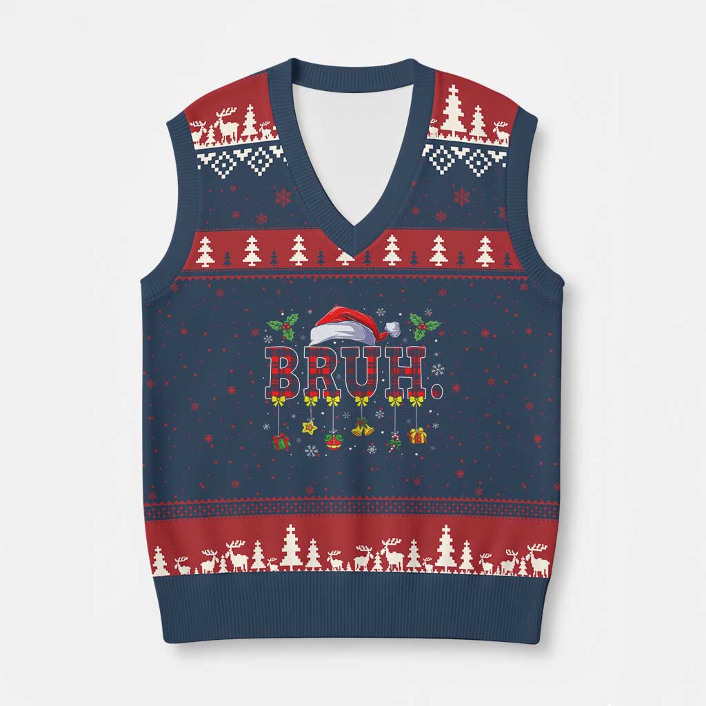 Xmas Bruh V-Neck Knit Sweater Vest Red Plaid Retro Xmas Pajamas Matching - Wonder Print Shop