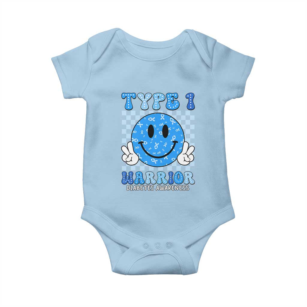 Diabetes Awareness Baby Onesie Blue Ribbon T1D Warrior Support Squad Retro Groovy