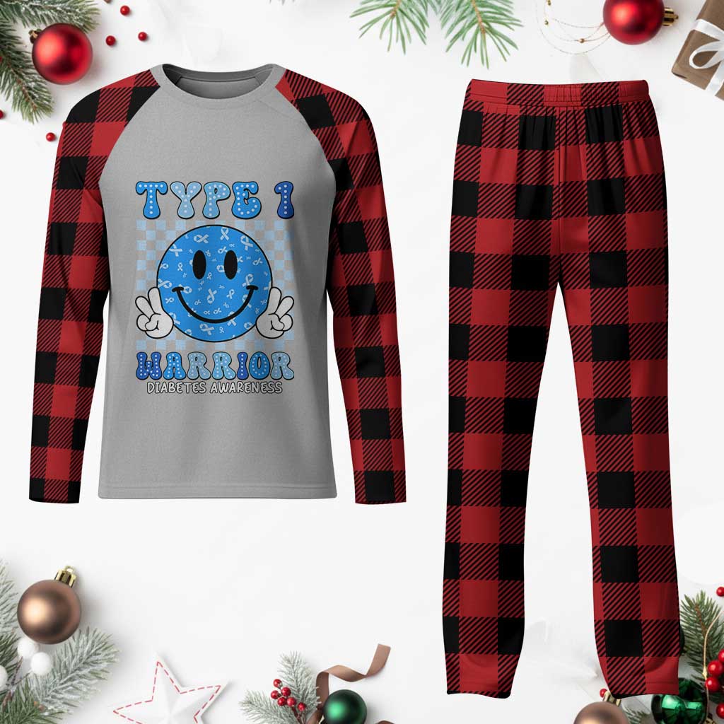 Diabetes Awareness Plaid Pajama Set Blue Ribbon T1D Warrior Support Squad Retro Groovy - Wonder Print Shop