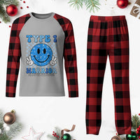 Diabetes Awareness Plaid Pajama Set Blue Ribbon T1D Warrior Support Squad Retro Groovy - Wonder Print Shop